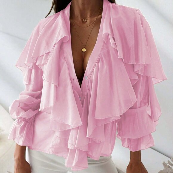 Pink Casual Women's V-Neck Lantern Sleeve Ruffle Boho Beach Top Chiffon Blouse - Picture 4 of 6